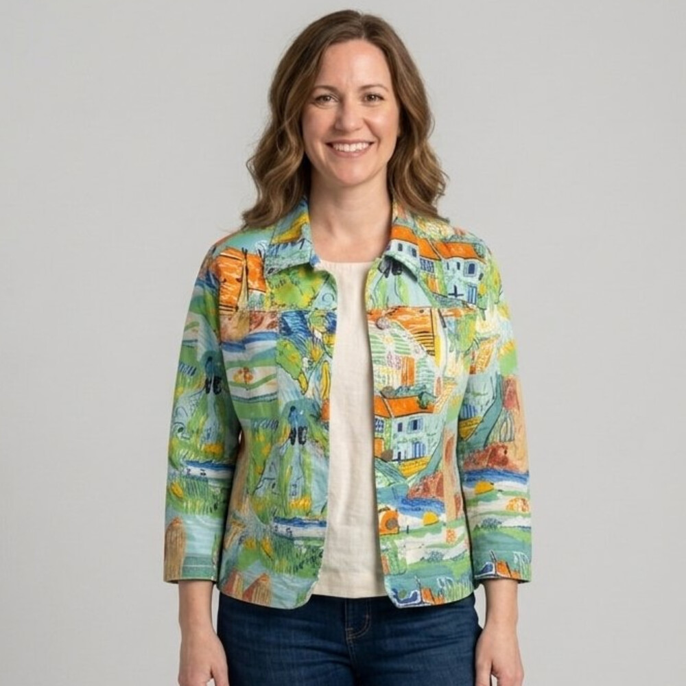 Vintage Kaktus 3/4 Slv Wmns Large Jacket Mediterranean Village Denim Stretch Y2K